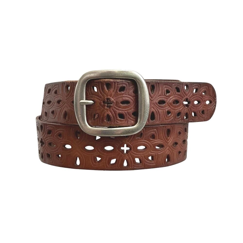 Fossil Western Floral Geometric Embossed Laser Cut Brown Leather Belt Size M
